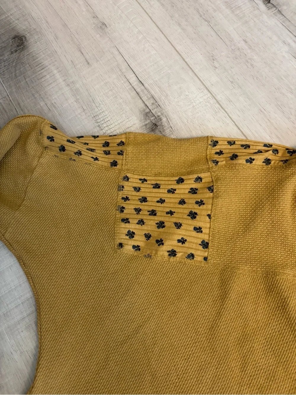 Free People Mustard Thermal Henley Top Floral Trim Oversized XL